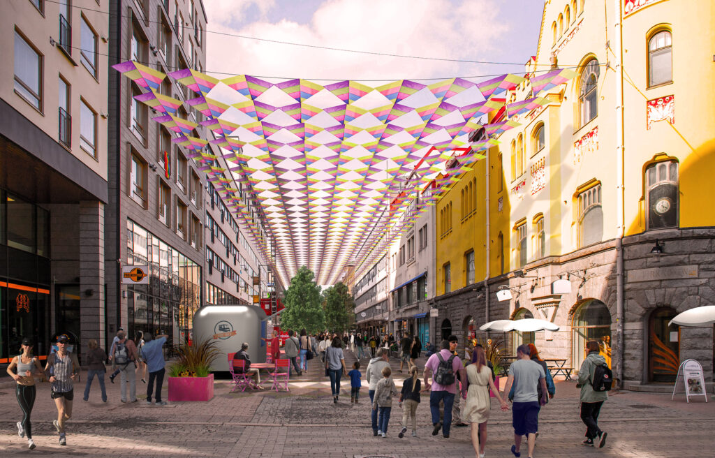 Kuninkaankatu decorated with colourful kites.