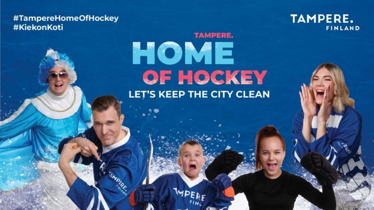 Joukko ihmisiä hurraamassa. Kuvan päällä teksti Tampere Home of Hockey, let's keep the city clean.