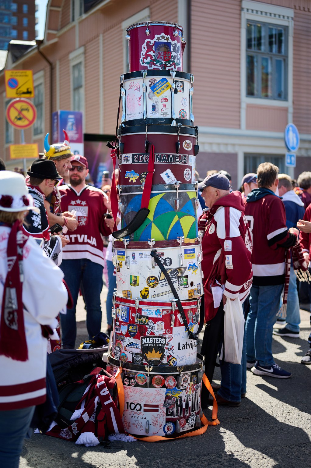 Latvian hockey fans with a toteme.
